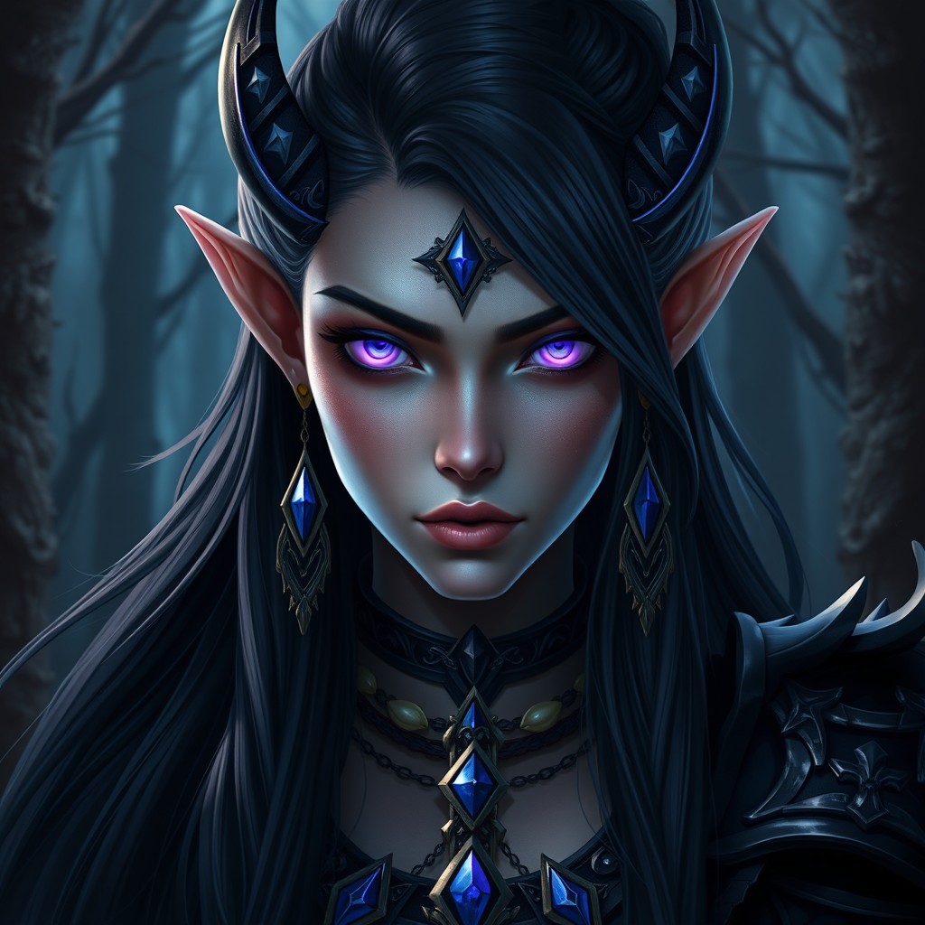 A highly detailed portrait of a night elf female character, featuring long flowing dark hair, elegant and fierce facial features