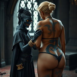 In a medieval room, a malevolent, emaciated black woman, around 30 years old, has completely black skin and stands at a low height