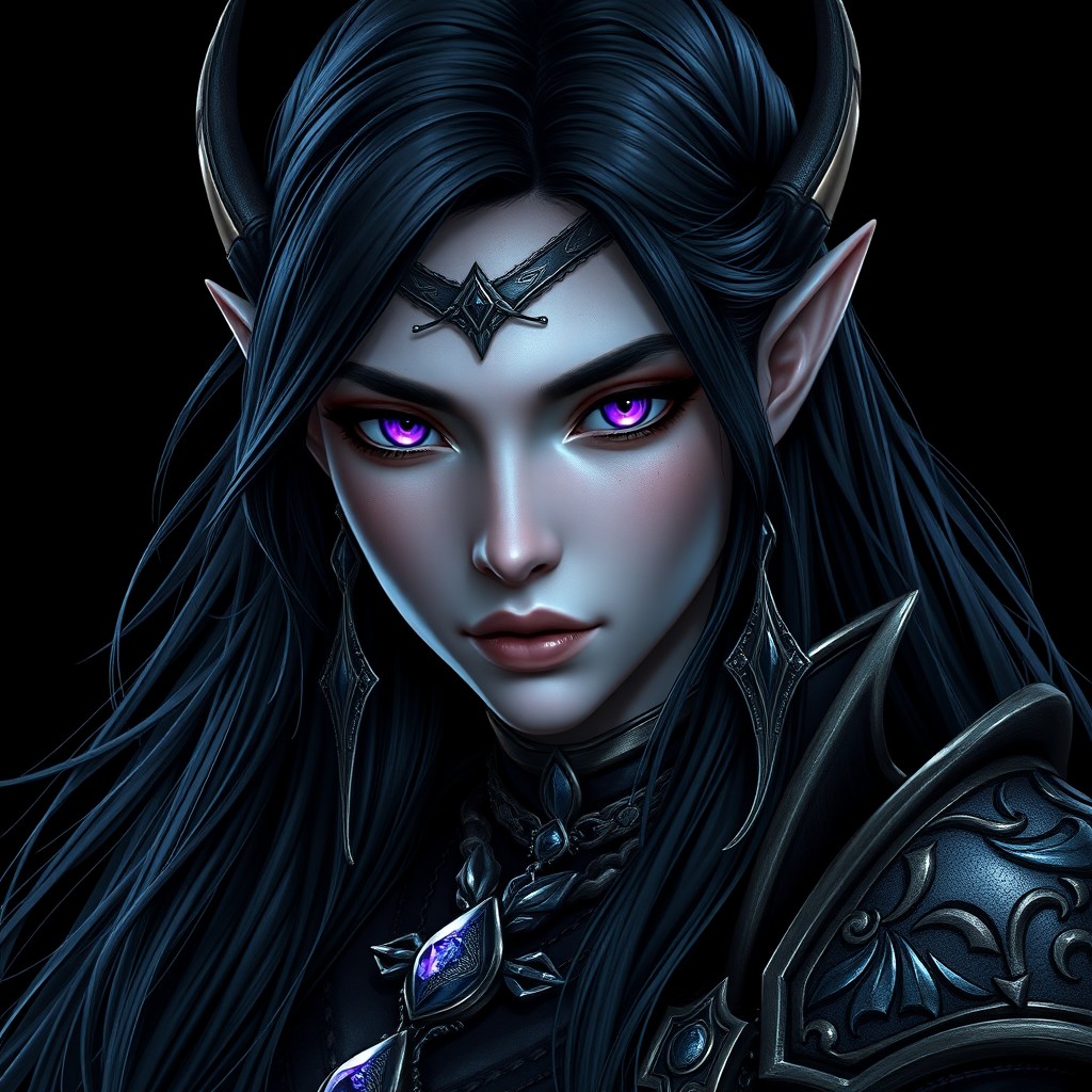 A highly detailed portrait of a night elf female character, featuring long flowing dark hair, with elegant and fierce facial features