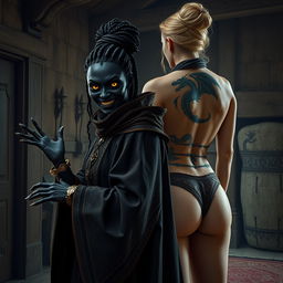In a medieval room, a sinister dark sorceress, appearing malnourished at 30 years old with pitch-black skin, is portrayed
