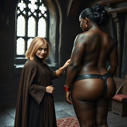 Inside a medieval room, a gaunt 45-year-old blonde woman stands short with medium-length blonde hair