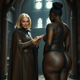 Inside a medieval room, a gaunt 45-year-old blonde woman stands short with medium-length blonde hair