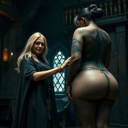 Inside a medieval room, a gaunt 45-year-old blonde woman stands short with medium-length blonde hair