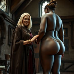 Inside a medieval room, a gaunt 45-year-old blonde woman stands short with medium-length blonde hair
