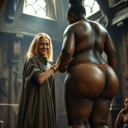 Inside a medieval room, a gaunt 45-year-old blonde woman stands short with medium-length blonde hair