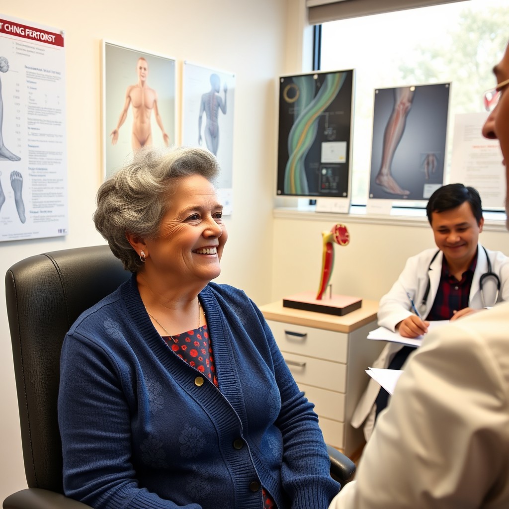 A smiling elderly woman sitting in a doctor's office during a vein specialist appointment