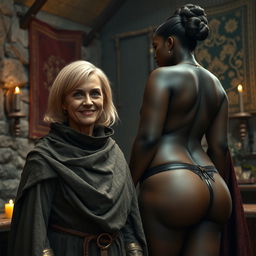 In a medieval room, a scene featuring a malnourished, short blond woman of 45 years with medium-length blond hair, wearing a high-collared noble cloak that covers her neck