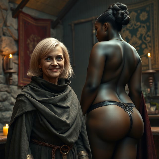 In a medieval room, a scene featuring a malnourished, short blond woman of 45 years with medium-length blond hair, wearing a high-collared noble cloak that covers her neck