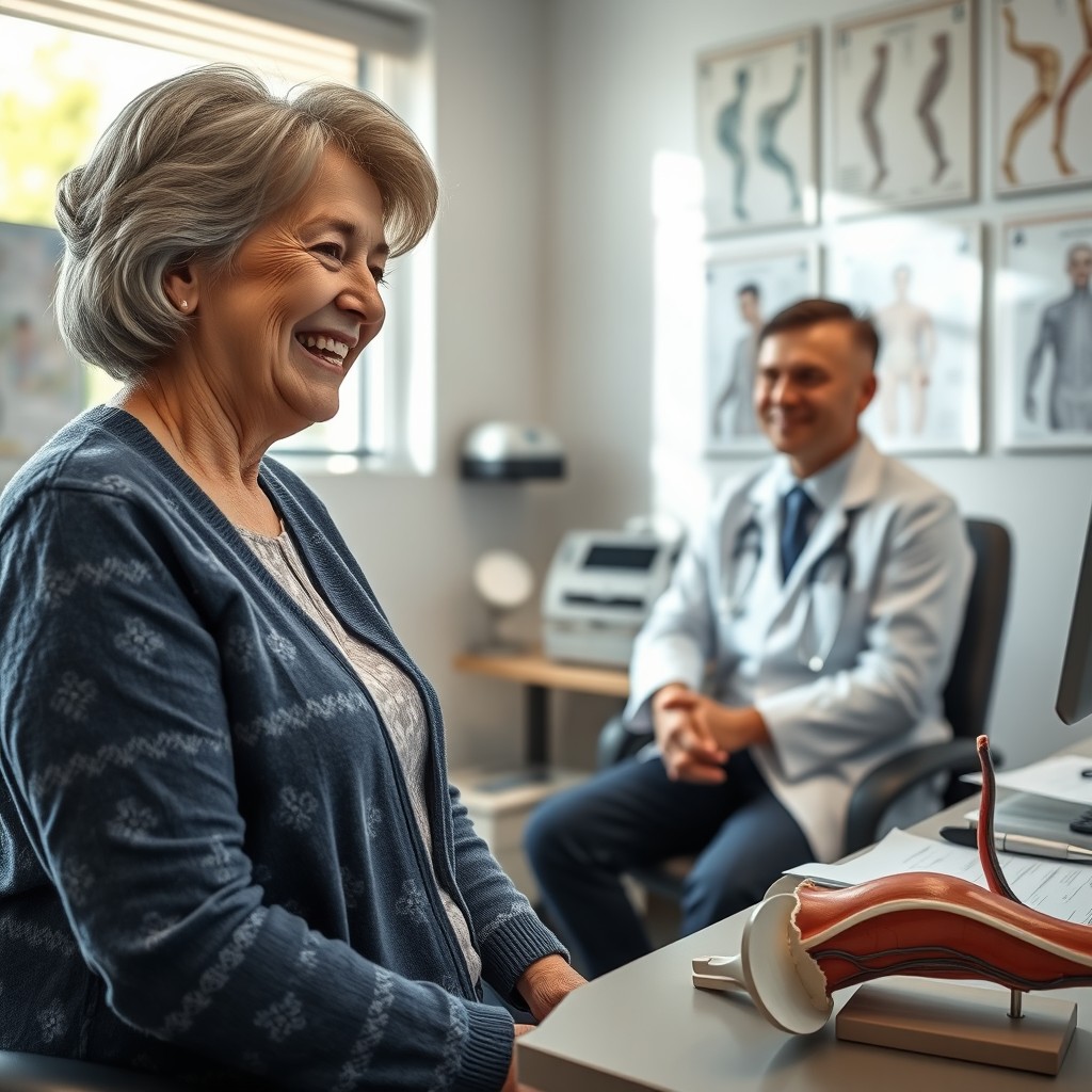 A highly realistic photograph of a smiling elderly woman in a doctor's office during a vein specialist appointment