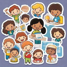 Assorted colorful stickers featuring diverse children happily working together on various projects, symbolizing collaboration and teamwork.