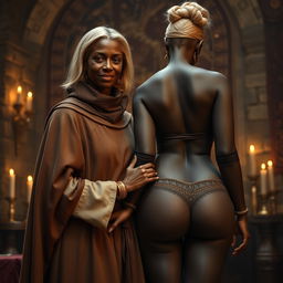 In a medieval room, a scene featuring a malnourished, short blond woman of 45 years with medium-length blond hair