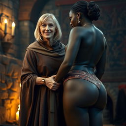 In a medieval room, a scene featuring a malnourished, short blond woman of 45 years with medium-length blond hair, wearing a long, high-collared noble cloak fully closed at the neck