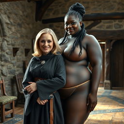 In a medieval room, a slender 45-year-old blonde woman with medium-length blonde hair and blue eyes, smiling, wears a noble cloak with a high collar closing around her neck