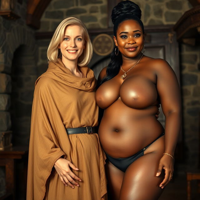 In a medieval room, a slender 45-year-old blonde woman with medium-length blonde hair and blue eyes, smiling, wears a noble cloak with a high collar closing around her neck