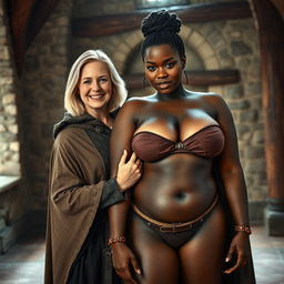 In a medieval room, a slender 45-year-old blonde woman with medium-length hair and blue eyes, smiling, wears a noble cloak with a high collar that closes around her neck