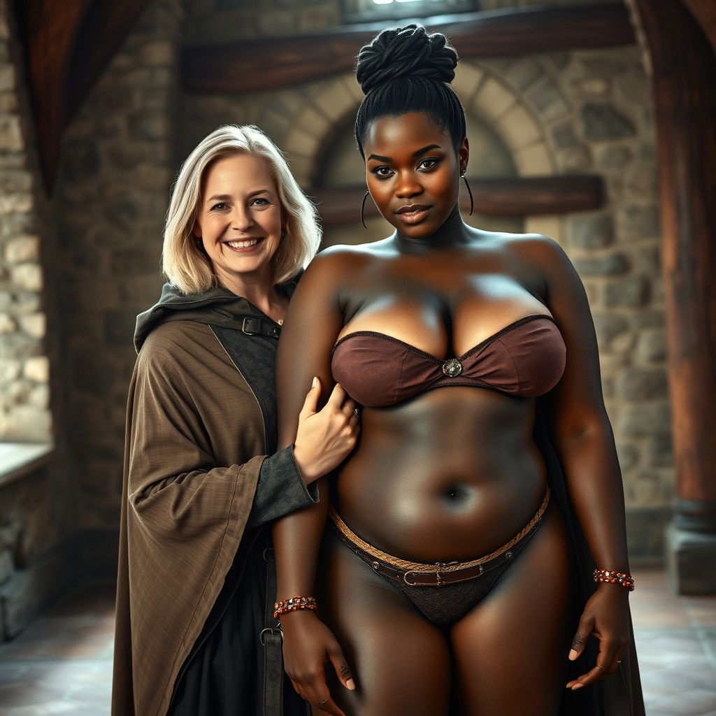 In a medieval room, a slender 45-year-old blonde woman with medium-length hair and blue eyes, smiling, wears a noble cloak with a high collar that closes around her neck