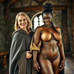 In a medieval room, a slender 45-year-old blonde woman with medium-length hair and blue eyes, smiling, wears a noble cloak with a high collar that closes around her neck