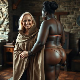 In a medieval room, a slender, 45-year-old blonde woman with medium-length blonde hair and blue eyes, smiling warmly, wears a noble cloak with a high collar that closes up to her neck