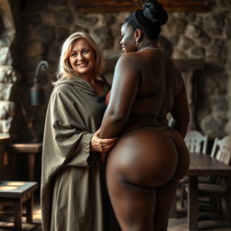 In a medieval room, a slender, 45-year-old blonde woman with medium-length blonde hair and blue eyes, smiling warmly, wears a noble cloak with a high collar that closes up to her neck