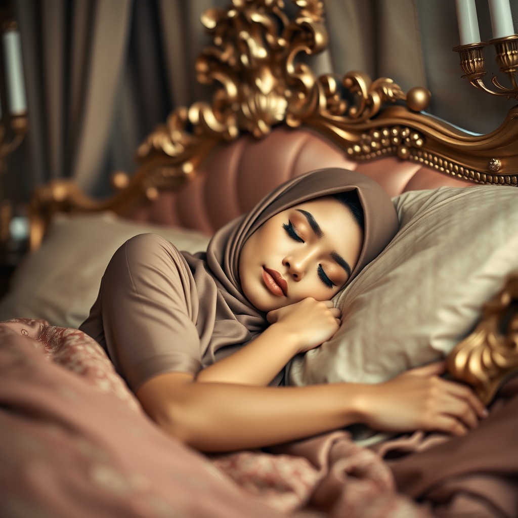 A serene and peaceful image of a beautiful woman wearing a stylish hijab, with a slim and ideal feminine figure, sleeping calmly in an opulent royal bed setting