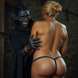 In a medieval room, a wicked evil black woman, emaciated and around 30 years old, showcases entirely black skin and stands at a very short height