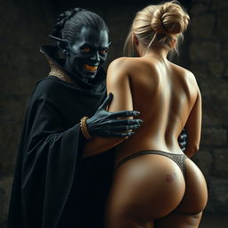 In a medieval room, a wicked evil black woman, emaciated and around 30 years old, showcases entirely black skin and stands at a very short height