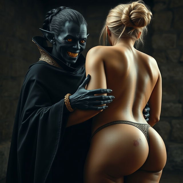 In a medieval room, a wicked evil black woman, emaciated and around 30 years old, showcases entirely black skin and stands at a very short height