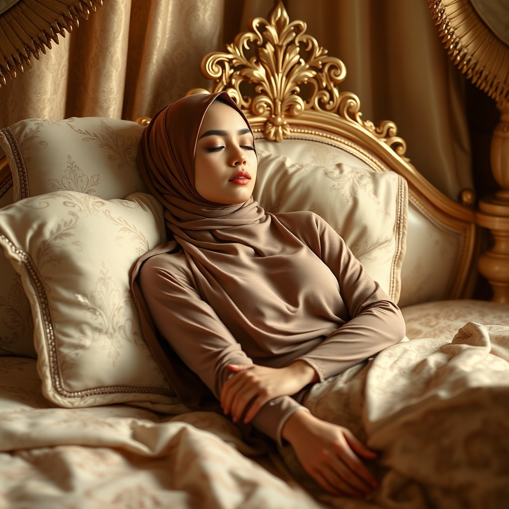 A serene and elegant image of a beautiful woman wearing a chic hijab, featuring a slim and ideal feminine figure as she sleeps calmly in a luxurious royal bed setting