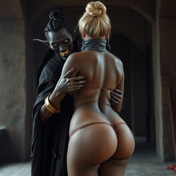 In a medieval room, a sinister-looking, extremely skinny black woman, aged 30, with pitch black skin and notably short stature