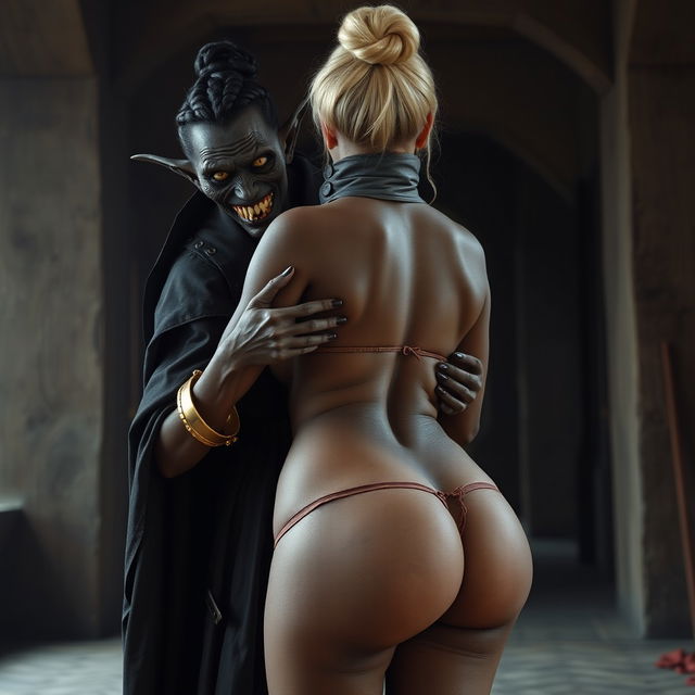 In a medieval room, a sinister-looking, extremely skinny black woman, aged 30, with pitch black skin and notably short stature