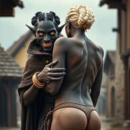 In a medieval village setting, a wicked-looking, extremely skinny black woman, aged 30, with jet black skin and short stature