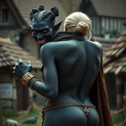 In a medieval village setting, a wicked-looking, extremely skinny black woman, aged 30, with jet black skin and short stature