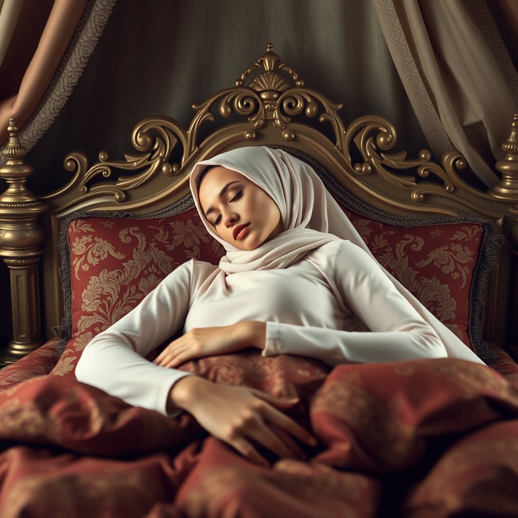 A tranquil and captivating image of a graceful woman wearing a stylish hijab, showcasing a slim and ideal feminine figure as she sleeps peacefully in a luxurious royal bed setting