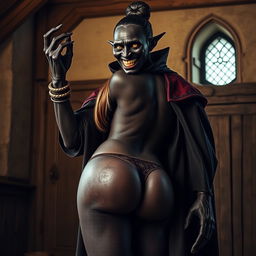 In a medieval room, a sinister, maleficent woman with emaciated features stands tall