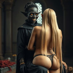 In a medieval room, a sinister and malnourished black woman, approximately 30 years old with flawless deep black skin, stands out