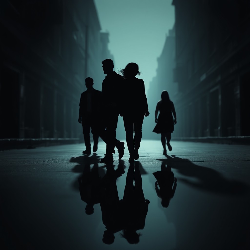 A stunning silhouette scene featuring four men and one woman in the center, with a reflection of a young woman’s silhouette beneath them