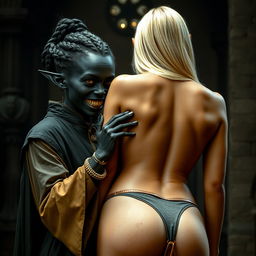 In a medieval room, a sinister and malnourished black woman, approximately 30 years old with flawless deep black skin, stands out