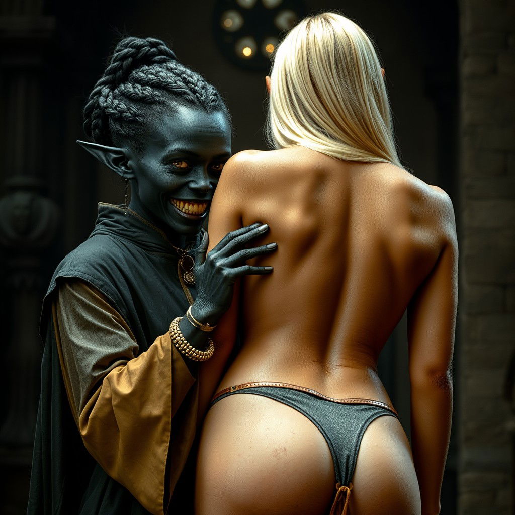 In a medieval room, a sinister and malnourished black woman, approximately 30 years old with flawless deep black skin, stands out