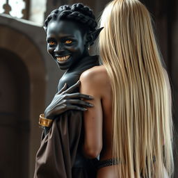 In a medieval room, a sinister and malnourished black woman, approximately 30 years old with flawless deep black skin, stands out
