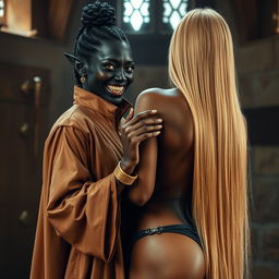 In a medieval room, a sinister and malnourished black woman, approximately 30 years old with flawless deep black skin, stands out