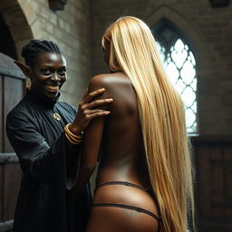In a medieval room, a sinister and malnourished black woman, approximately 30 years old with flawless deep black skin, stands out