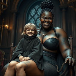 In a medieval chamber, a young 19-year-old girl with a malnourished appearance and medium blonde hair, smiles joyfully while sitting on the lap of an enormous black woman with an imposing presence