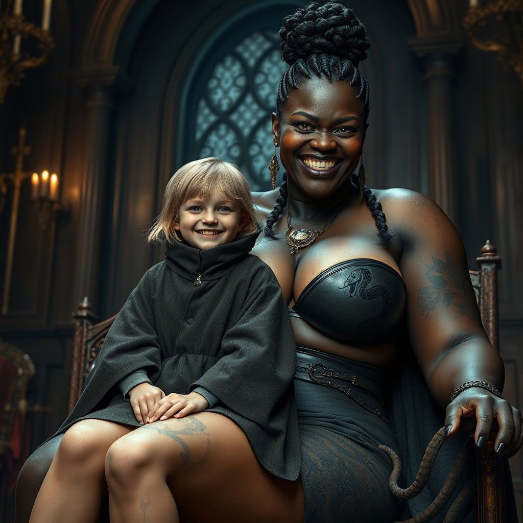 In a medieval chamber, a young 19-year-old girl with a malnourished appearance and medium blonde hair, smiles joyfully while sitting on the lap of an enormous black woman with an imposing presence