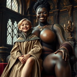 In a medieval chamber, a young 19-year-old girl with a malnourished appearance and medium blonde hair, smiles joyfully while sitting on the lap of an enormous black woman with an imposing presence