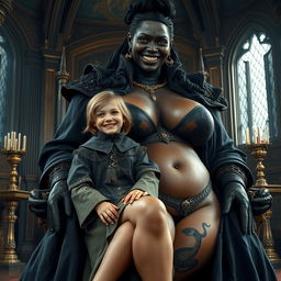 In a medieval chamber, a young 19-year-old girl with a malnourished appearance and medium blonde hair, smiles joyfully while sitting on the lap of an enormous black woman with an imposing presence