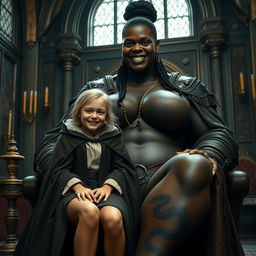 In a medieval chamber, a young 19-year-old girl with a malnourished appearance and medium blonde hair, smiles joyfully while sitting on the lap of an enormous black woman with an imposing presence