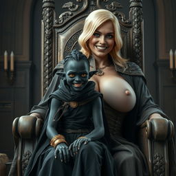 In a medieval room, a young malevolent black woman, malnourished and 22 years old, with completely black skin, is depicted sitting on the lap of a giant blonde woman