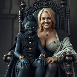In a medieval room, a young malevolent black woman, malnourished and 22 years old, with completely black skin, is depicted sitting on the lap of a giant blonde woman