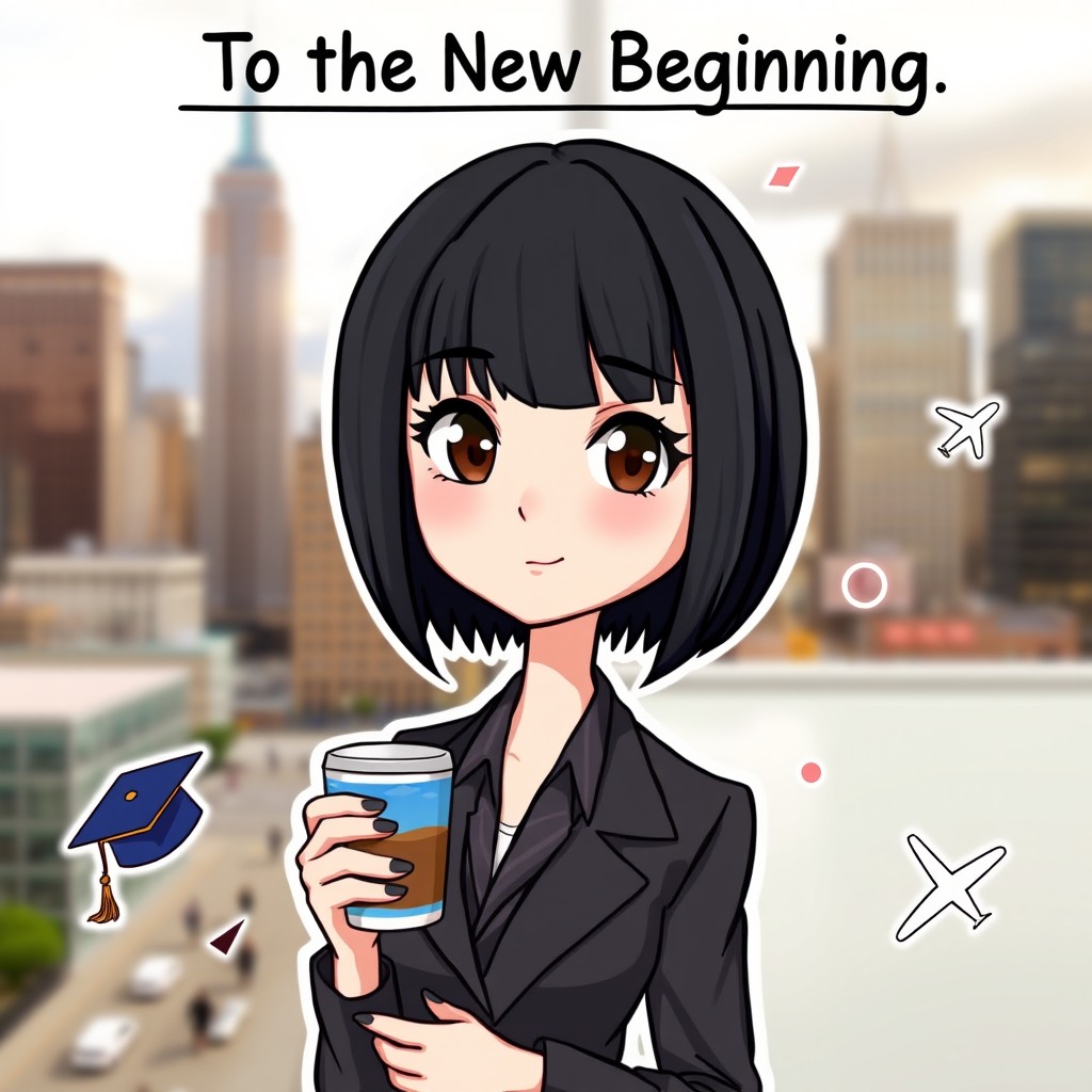 A cartoon character of a young white woman with short black hair and no bangs, featuring dark brown eyes