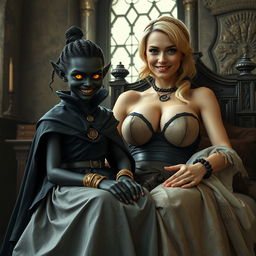 In a medieval room, a young malevolent black woman, malnourished and 22 years old, with completely black skin, is depicted sitting on the lap of a giant blonde woman